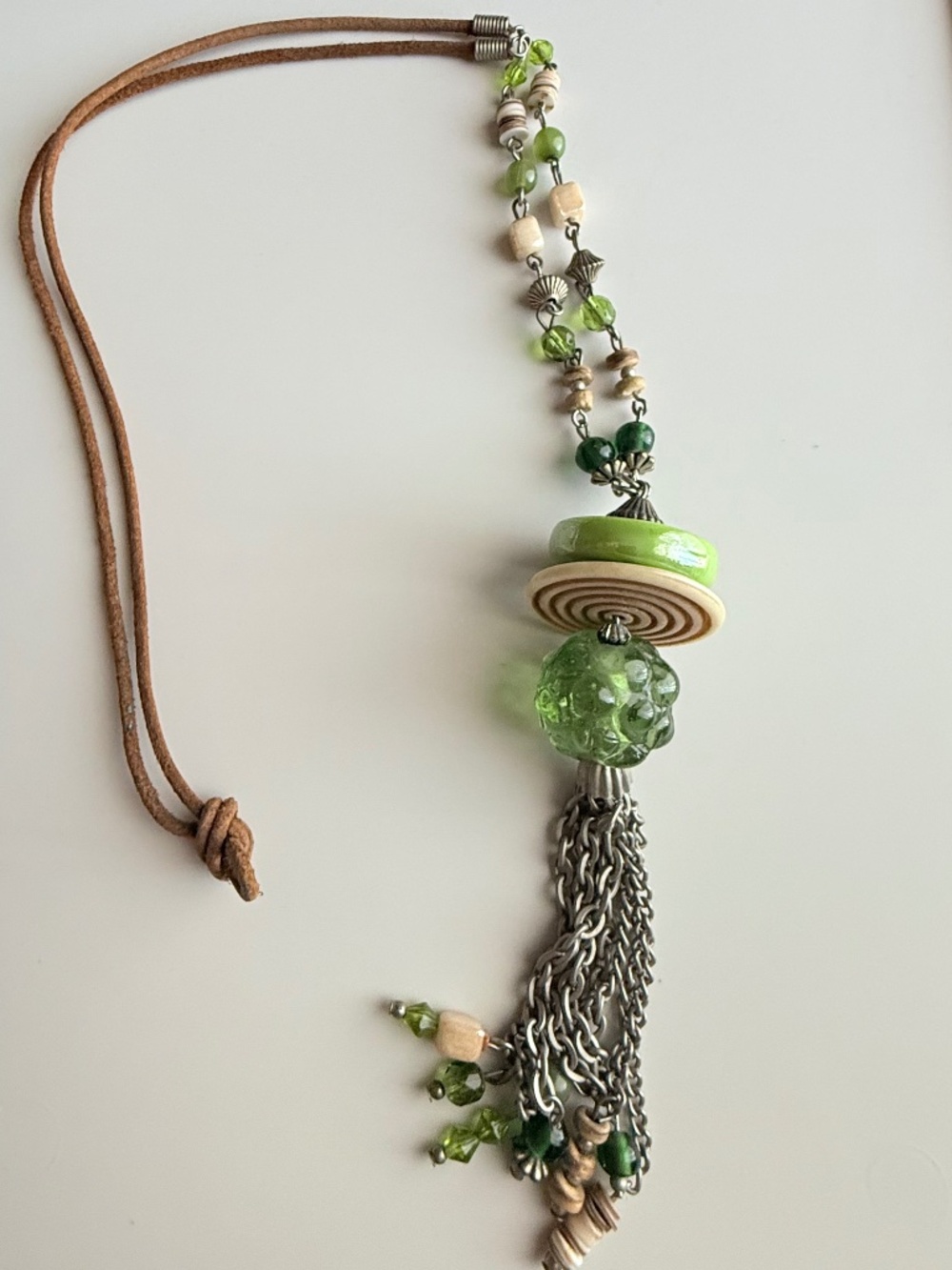 Vintage Leather Apple Green Necklace